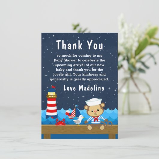 Nautical Boy Monkey Red en Navy Baby shower Bedankkaart (Staand voorkant)
