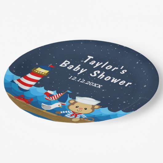 Nautical Boy Monkey Red en Navy Baby shower Papieren Bordje (Gekanteld)