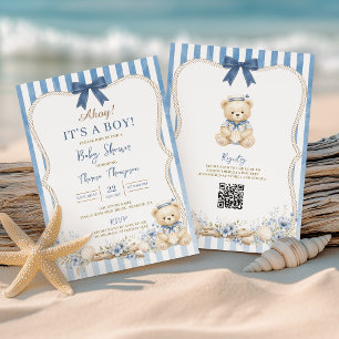 Nautical Boy Sailor Bear QR Babyfeestje Kaart