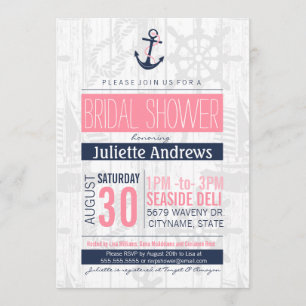 Nautical Bridal Invitation, Pink and Navy Blue Kaart