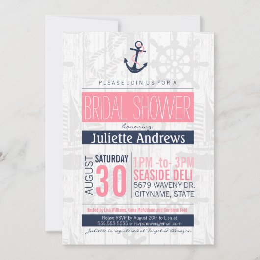 Nautical Bridal Invitation, roze en marineblauw Kaart (Voorkant)