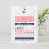 Nautical Bridal Invitation, roze en marineblauw Kaart (Staand voorkant)