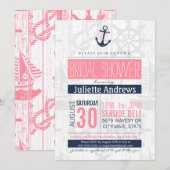 Nautical Bridal Invitation, roze en marineblauw Kaart (Voorkant / Achterkant)