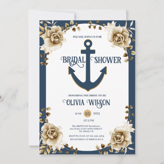 Nautical Bridal Shower Anchor Blue Gold Floral  Kaart (Voorkant)