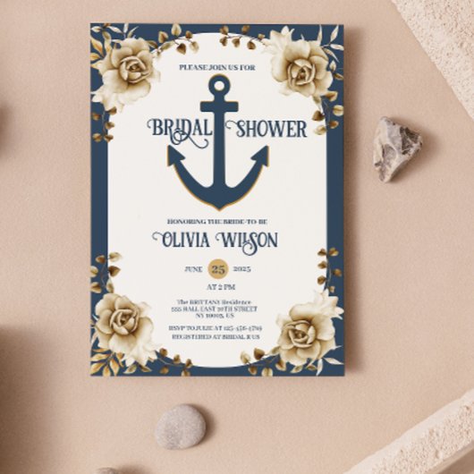 Nautical Bridal Shower Anchor Blue Gold Floral Kaart