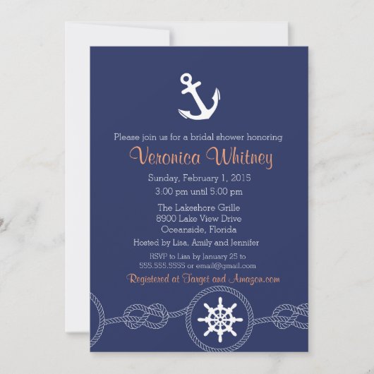 Nautical Bridal Shower Invitation, Beach, Summer Kaart (Voorkant)