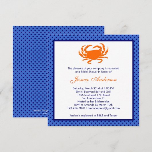 Nautical Bridal Shower Invitation Oranje/Navy Kaart (Voorkant / Achterkant)