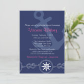Nautical Bridal Shower Invitation, Pink and Navy Kaart (Staand voorkant)