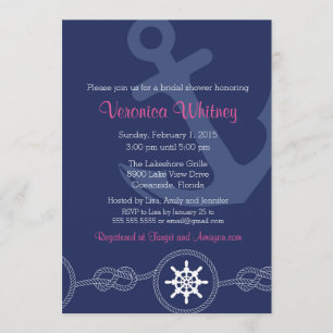 Nautical Bridal Shower Invitation, Pink and Navy Kaart