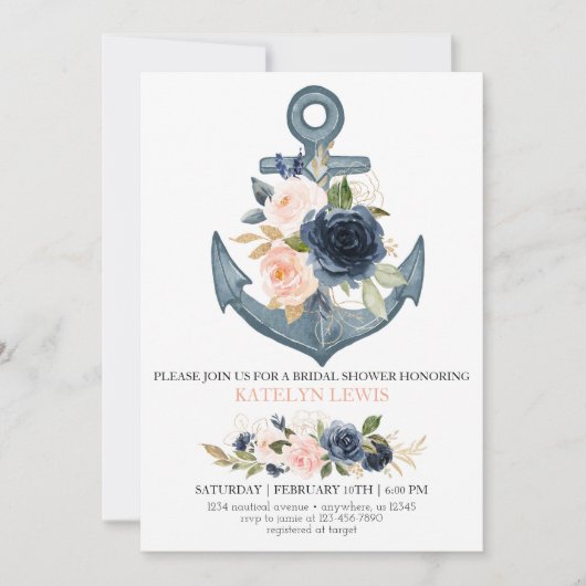 Nautical Bridal Shower Invitation with Florals Kaart (Voorkant)