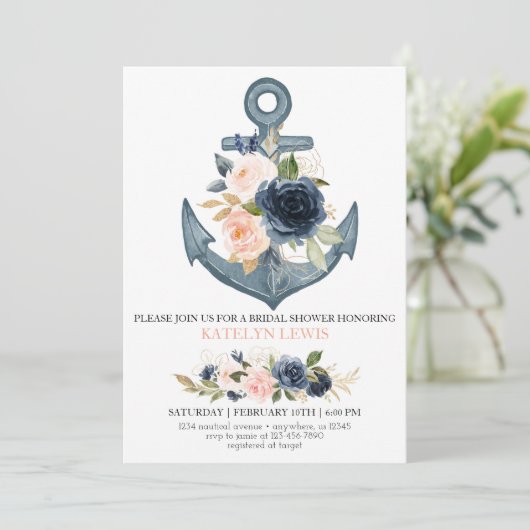 Nautical Bridal Shower Invitation with Florals Kaart (Staand voorkant)