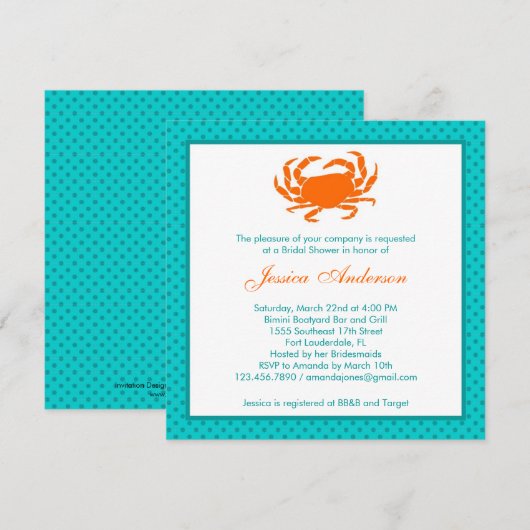 Nautical Bridal Shower Uitnodiging Oranje/Blauwgro (Voorkant / Achterkant)