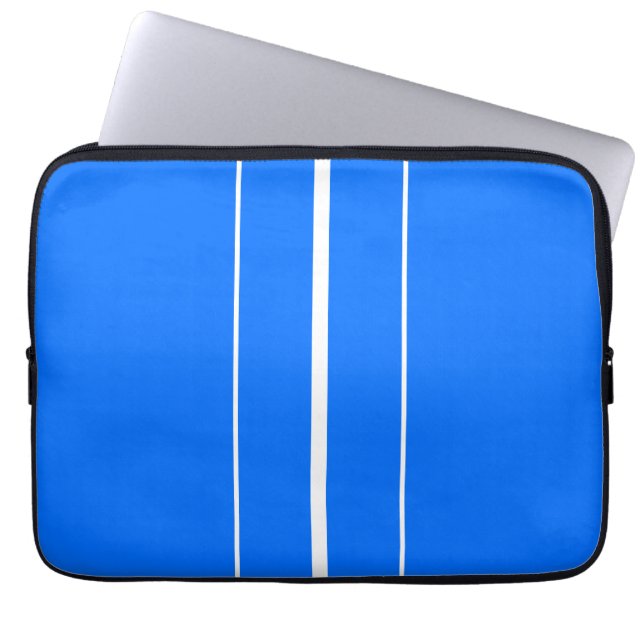 Nautical Bright Blue White Vertical Racing Stripes Laptop Sleeve (Voorkant)