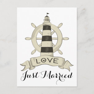 Nautical Brown Just Married Lighthouse Shiheel Whe Aankondigingskaart
