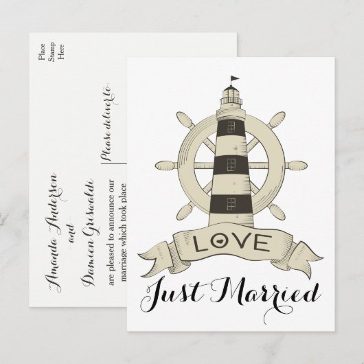 Nautical Brown net getrouwd met vuurtoren schip wi Aankondigingskaart (Voorkant / Achterkant)
