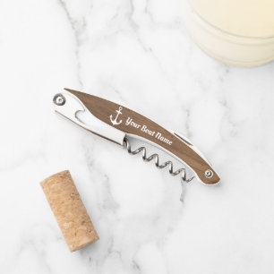 Nautical Brown Wood Grain Personalized Boat Name Kurkentrekker