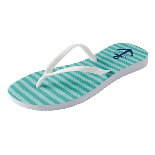 Nautical bruiloft monogram gestreept strand teensl teenslippers (Schuin)