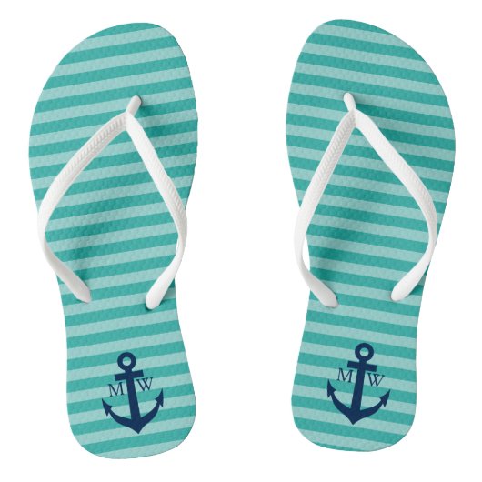 Nautical bruiloft monogram gestreept strand teensl teenslippers (Voetbed)
