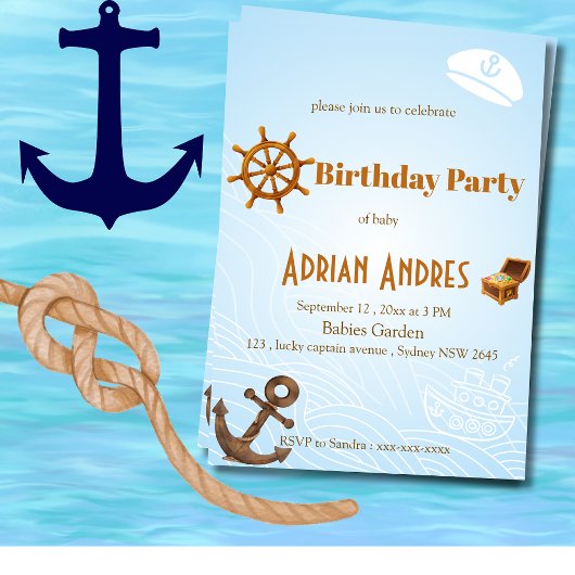 Nautical Captain Baby Boy First Birthday Invitatio Kaart