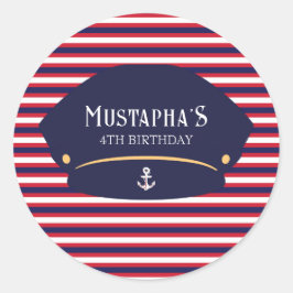 Nautical Captain Birthday Red & Navy Stripes Ronde Sticker