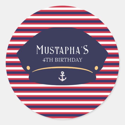 Nautical Captain Birthday Red & Navy Stripes Ronde Sticker (Voorkant)