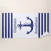 Nautical Captain Blue Anchor gepersonaliseerd Strandlaken (Voorkant)