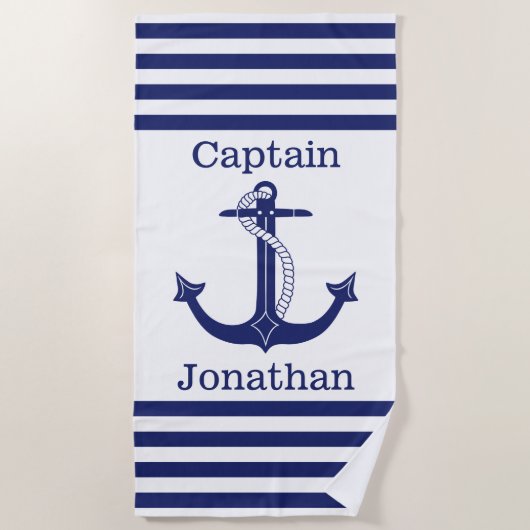 Nautical Captain Blue Anchor gepersonaliseerd Strandlaken (Voorkant)