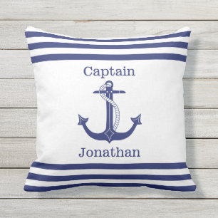 Nautical Captain Blue Anchor Naam toevoegen Buitenkussen