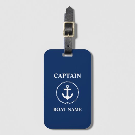 Nautical Captain Boat Name Anchor Rope Navy Blue Bagagelabel (Voorkant (verticaal))