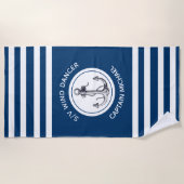 Nautical Captain Boat Name Blue White Striped Strandlaken (Voorkant)