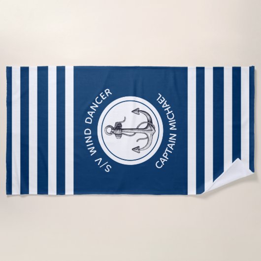 Nautical Captain Boat Name Blue White Striped Strandlaken (Voorkant)