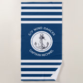 Nautical Captain Boat Name Blue White Striped Strandlaken (Voorkant)