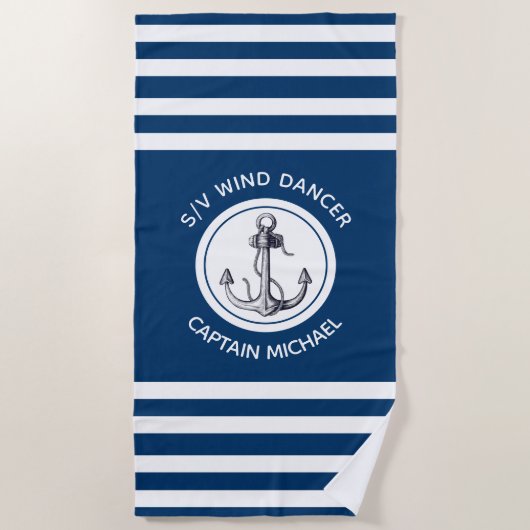 Nautical Captain Boat Name Blue White Striped Strandlaken (Voorkant)