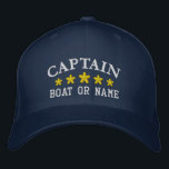 Nautical Captain Boat Name Navy Blue Gold Star Pet<br><div class="desc">Sail in stijl met een gepersonaliseerd geborduurd pet met uw Kapitein rank of andere gewenste titel samen met jouw naam of Boat Name in Silver en vijf gouden sterren. Verscheidene pet en draadkleuren om van te kiezen. Maakt een groot aangepast cadeau voor vaders dag,  verjaardagen of elke gelegenheid.</div>