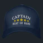 Nautical Captain Boat Name Navy Blue Gold Star Pet<br><div class="desc">Sail in stijl met een gepersonaliseerd geborduurd pet met uw Kapitein rank of andere gewenste titel samen met jouw naam of Boat Name in Silver en vijf gouden sterren. Verscheidene pet en draadkleuren om van te kiezen. Maakt een groot aangepast cadeau voor vaders dag,  verjaardagen of elke gelegenheid.</div>