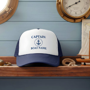 Nautical Captain Boot Naam Anker Touw Blauw Trucker Pet