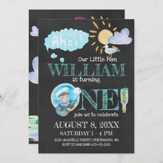 Nautical Captain First Birthday Party Invitation Kaart (Voorkant / Achterkant)