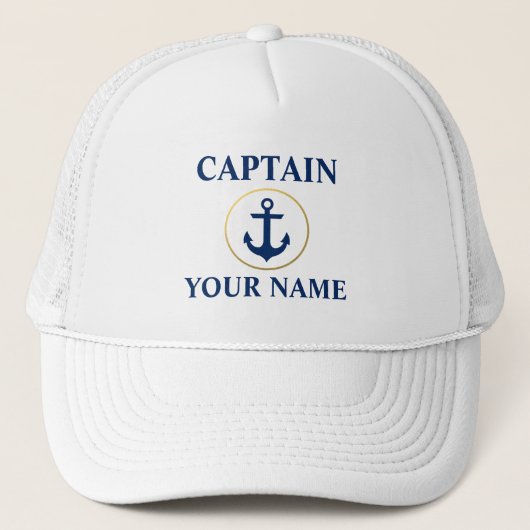 Nautical Captain Name White Blue Gold Trucker Pet (Voorkant)