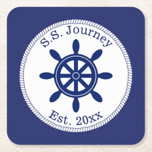 Nautical Captain's Wheel Add Boat Name Kartonnen Onderzetters