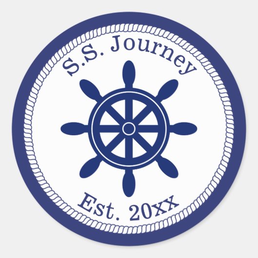 Nautical Captain's Wheel Add Boat Name Ronde Sticker (Voorkant)