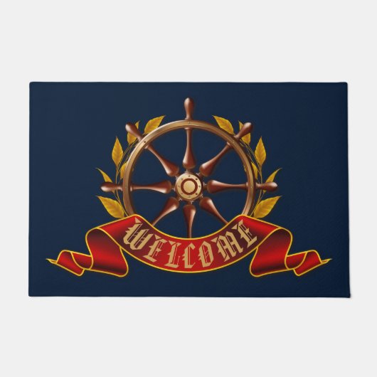 Nautical Captain's Wheel Navy Blue Welkom Deurmat (Voorkant)