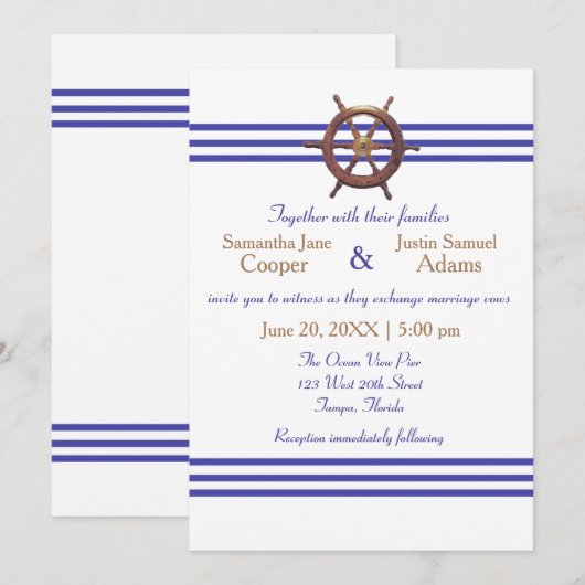 Nautical Captain's Wheel - Uitnodiging voor bruilo (Voorkant / Achterkant)