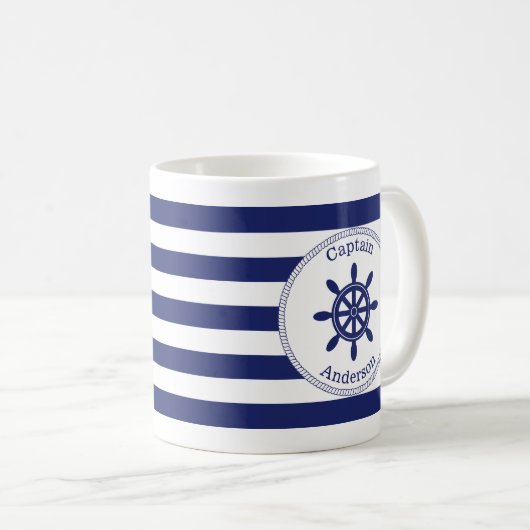 Nautical Captain's Wheel Voeg naam toe Koffiemok (Voorkant rechts)