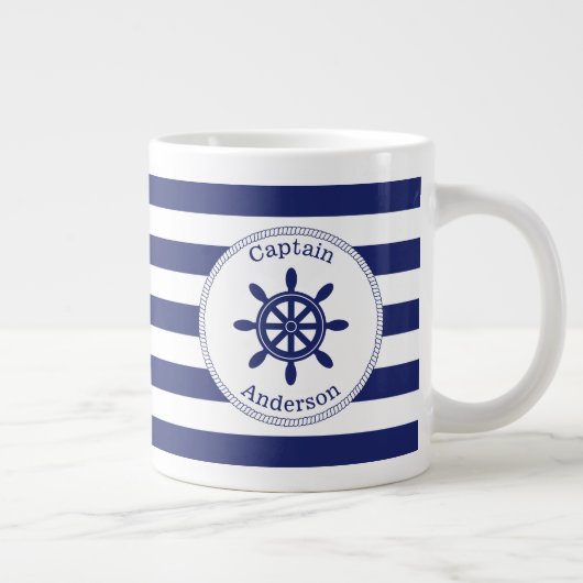 Nautical Captain's Wiel Blauwe Streep Monogram Grote Koffiekop (Rechts)