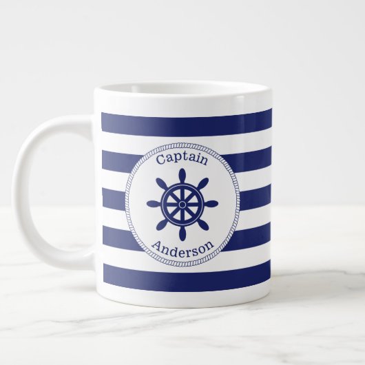 Nautical Captain's Wiel Blauwe Streep Monogram Grote Koffiekop (Links)