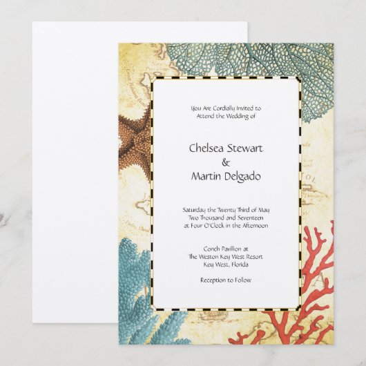 Nautical Caribbean Starfish Rustic Map en Coral Kaart (Voorkant / Achterkant)