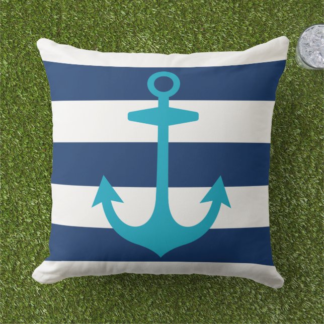 Nautical Caribische blauwe anker met marinestrepen Buitenkussen (Gras)