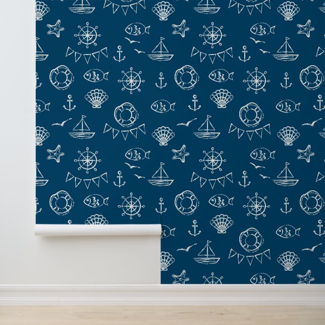 Nautical Chalk Drawing Pattern 2 Behang (Applicatie)