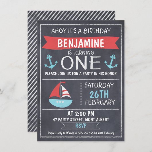 Nautical Chalkboard 1st Birthday Uitnodiging (Voorkant / Achterkant)