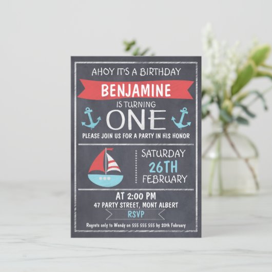 Nautical Chalkboard 1st Birthday Uitnodiging (Staand voorkant)